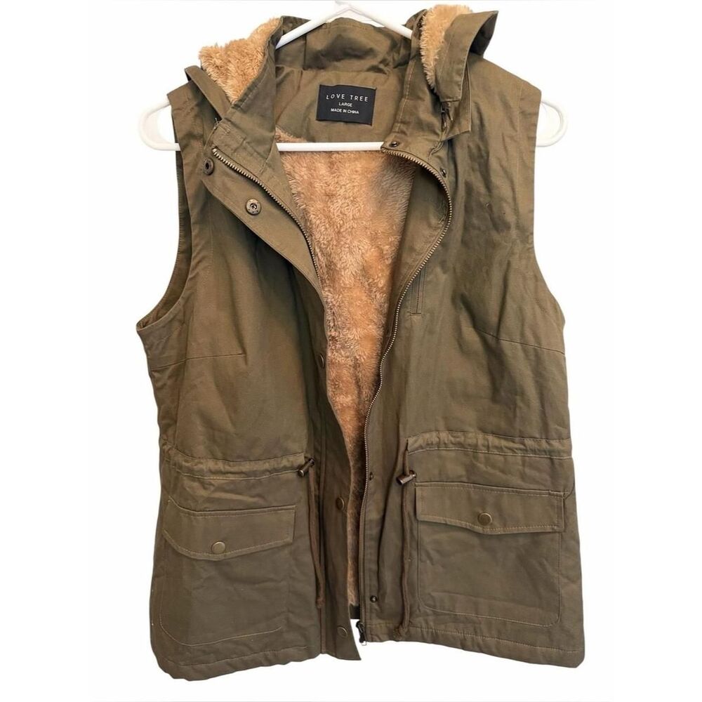 Love Tree Women's Green and Brown Fleece Lined Hooded Vest. Size Large